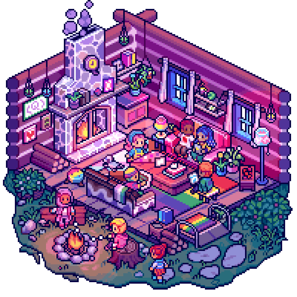 Pixel-Art Illustration, die eine gruppe queerer Menschen zeigt, die in einer Hütte zusammen programmieren.